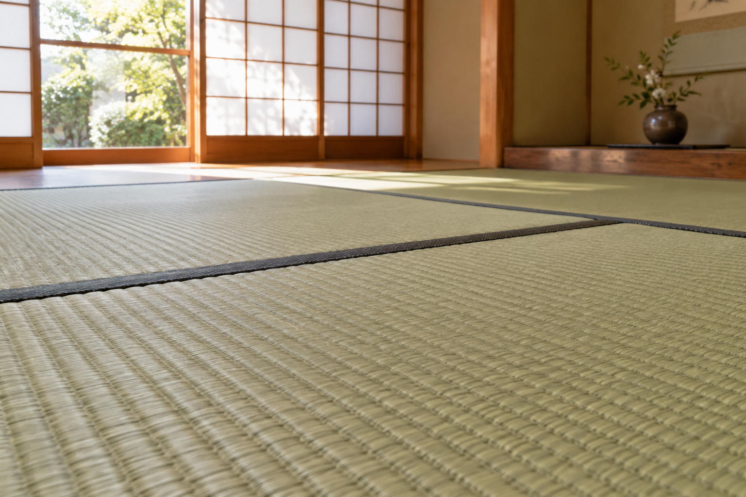 天然いぐさ畳の織り目と、障子から光が差す和室のイメージ（AI生成）