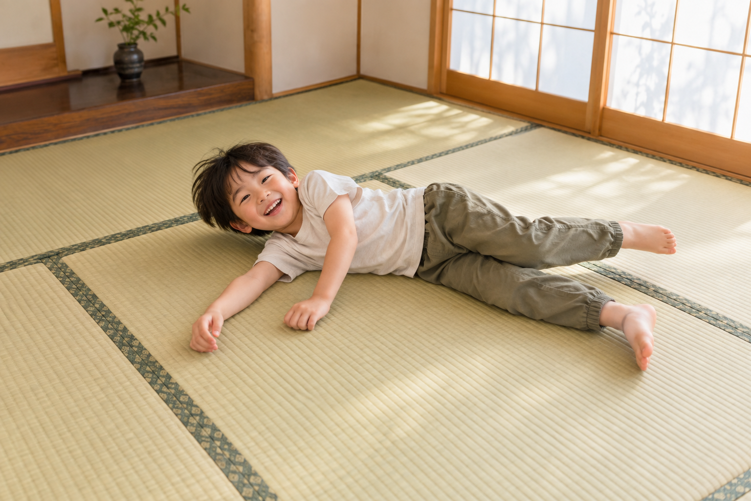 畳の上でごろごろとくつろぐ子ども（AI生成イメージ）